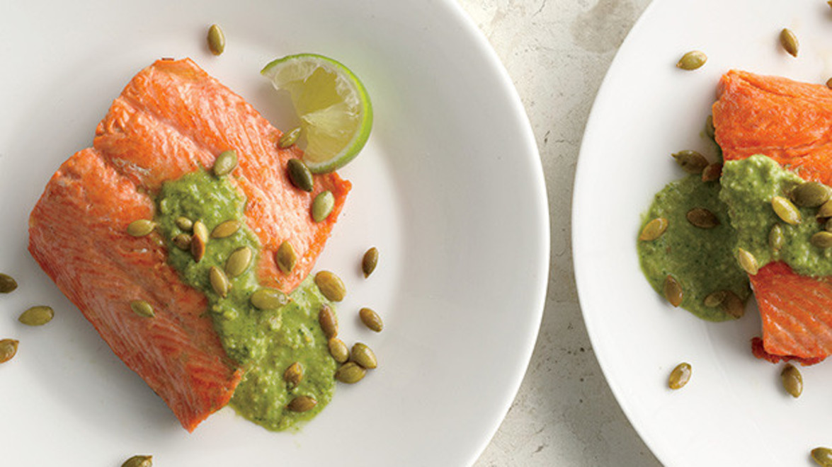 Pan Seared Salmon with Pumpkin Seed & Cilantro Pesto