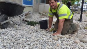 A person wearing a high-visibility shirt is gardening among rocks, next to a building. A wheelbarrow and bucket are nearby.