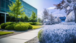 A split image shows lush green office lawns on one side and a snowy, frost-covered landscape on the other, illustrating contrasting seasons.