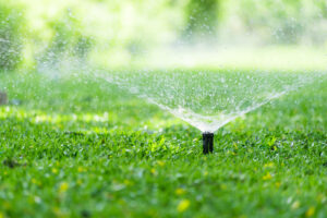 A sprinkler waters lush green grass, creating a refreshing scene with droplets glistening under sunlight, surrounded by a blurred background of greenery.